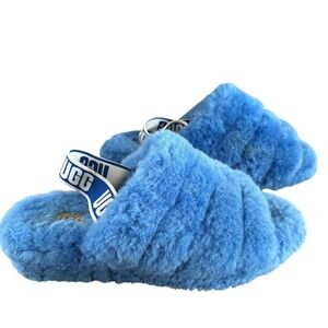 UGG Fluff Yeah Slide Sandals Sz 8 Blue Fur Sheepskin Maximalism Comfort